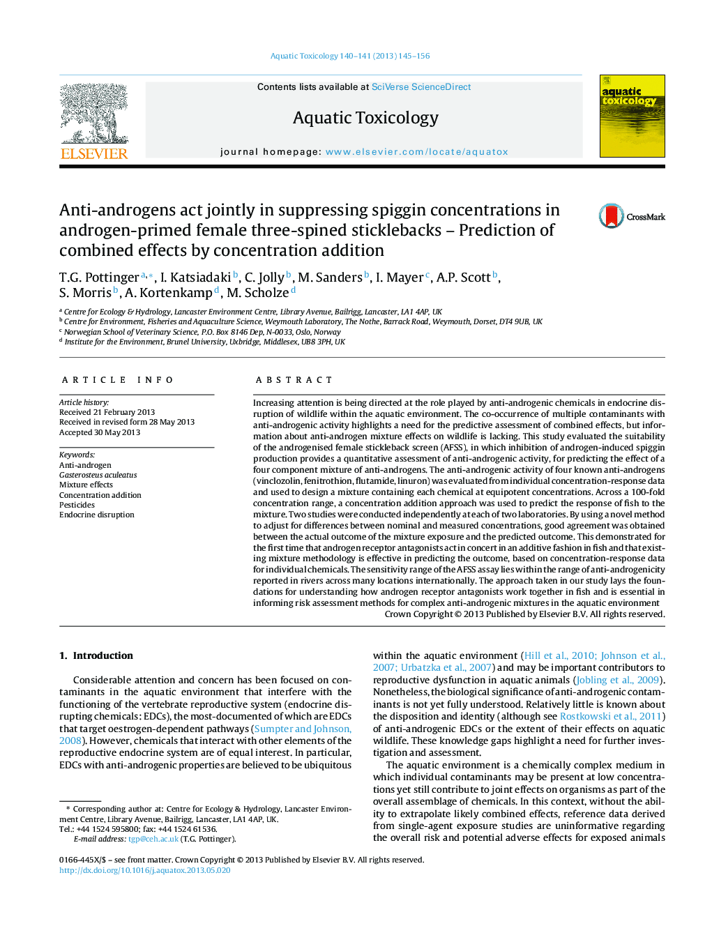 Anti-androgens act jointly in suppressing spiggin concentrations in androgen-primed female three-spined sticklebacks - Prediction of combined effects by concentration addition