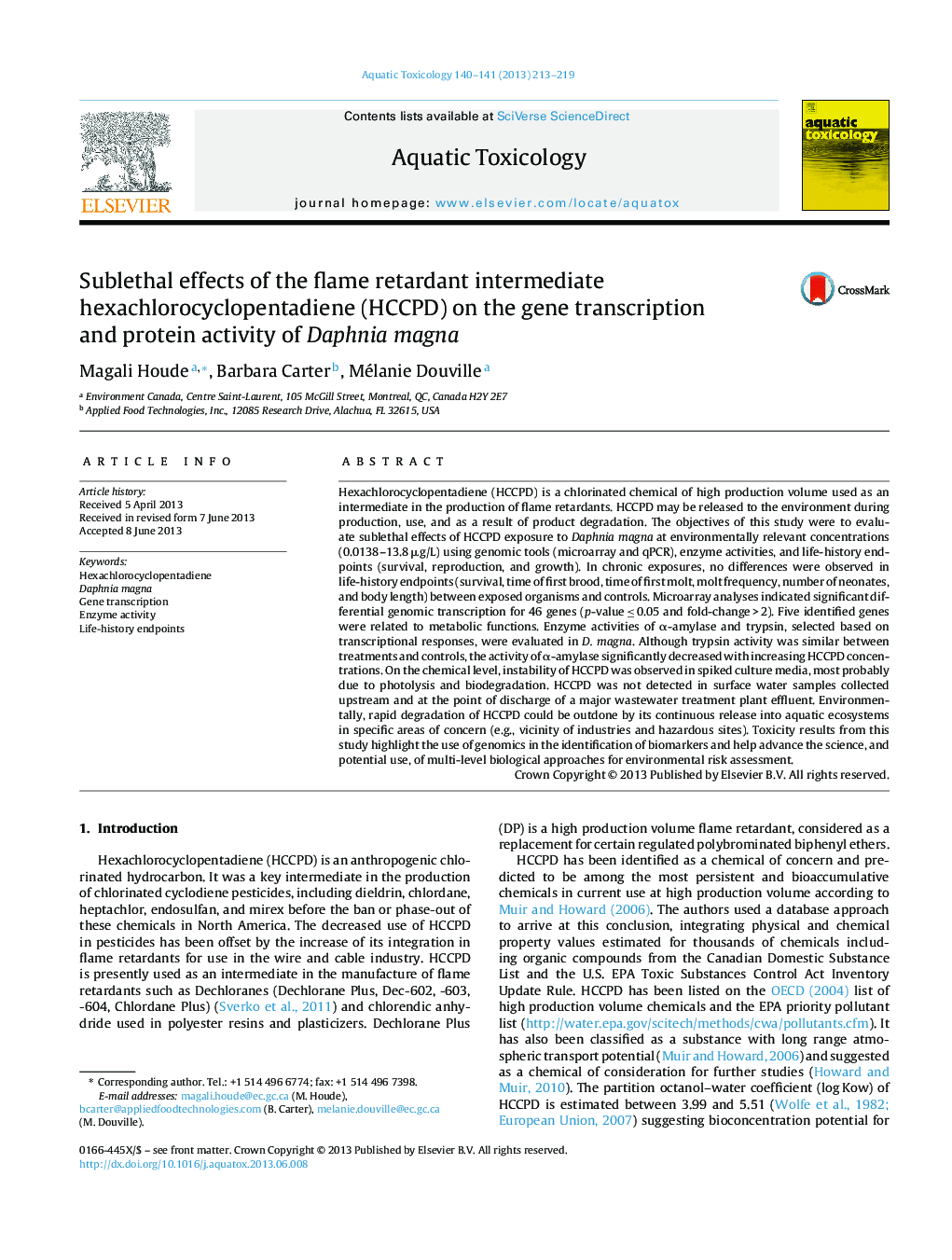 Sublethal effects of the flame retardant intermediate hexachlorocyclopentadiene (HCCPD) on the gene transcription and protein activity of Daphnia magna