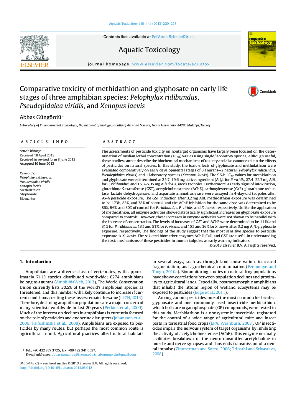 Comparative toxicity of methidathion and glyphosate on early life stages of three amphibian species: Pelophylax ridibundus, Pseudepidalea viridis, and Xenopus laevis