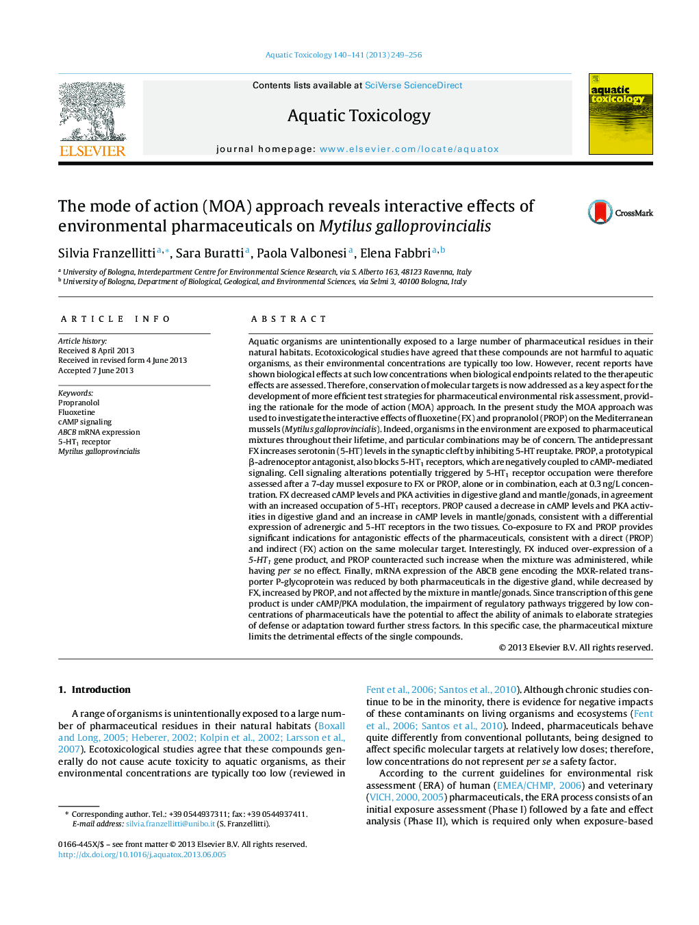 The mode of action (MOA) approach reveals interactive effects of environmental pharmaceuticals on Mytilus galloprovincialis