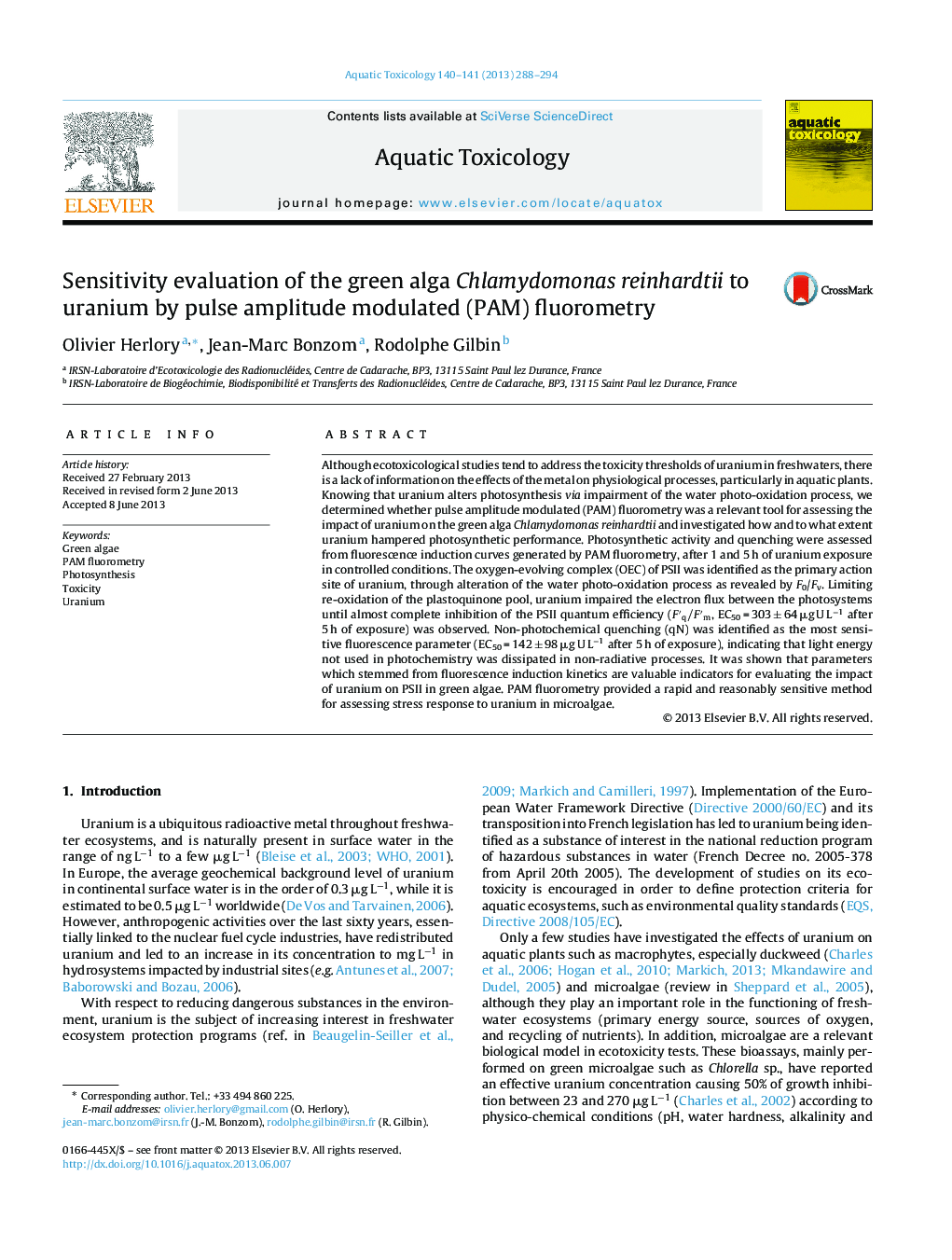 Sensitivity evaluation of the green alga Chlamydomonas reinhardtii to uranium by pulse amplitude modulated (PAM) fluorometry