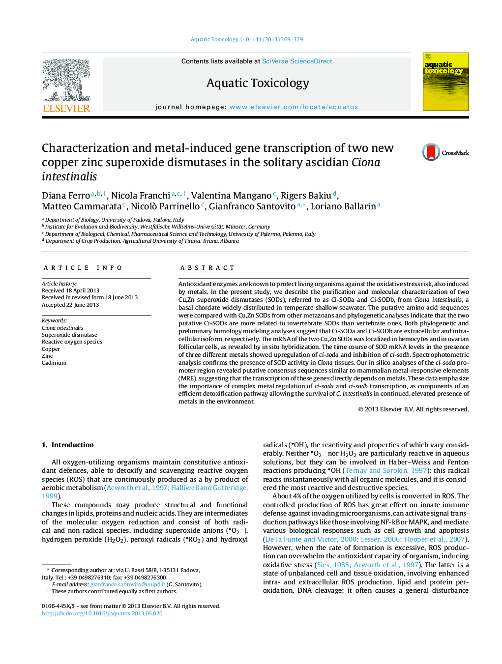 Characterization and metal-induced gene transcription of two new copper zinc superoxide dismutases in the solitary ascidian Ciona intestinalis