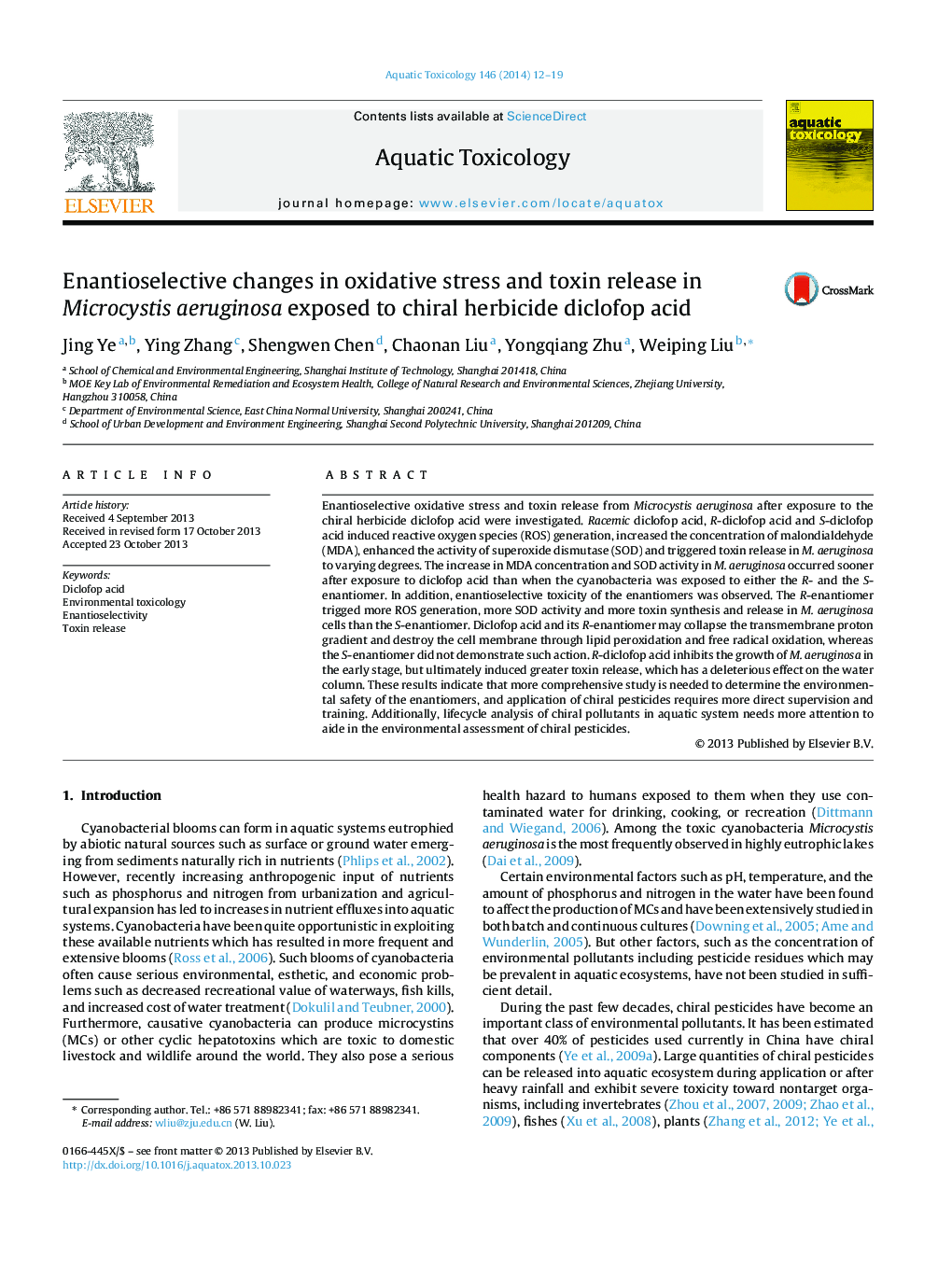 Enantioselective changes in oxidative stress and toxin release in Microcystis aeruginosa exposed to chiral herbicide diclofop acid