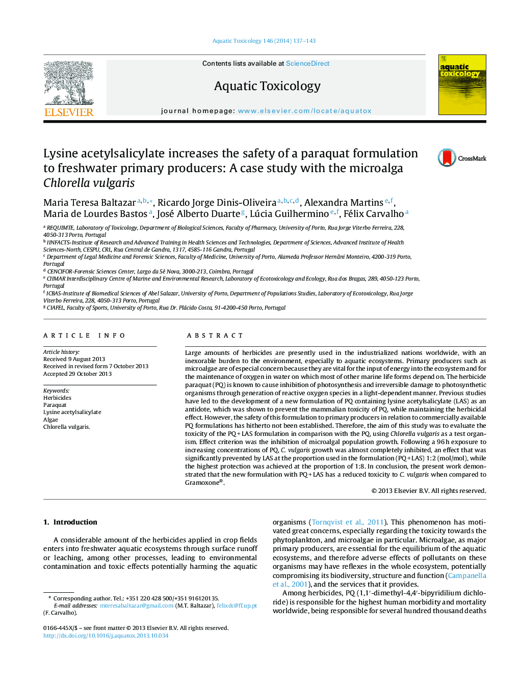 Lysine acetylsalicylate increases the safety of a paraquat formulation to freshwater primary producers: A case study with the microalga Chlorella vulgaris