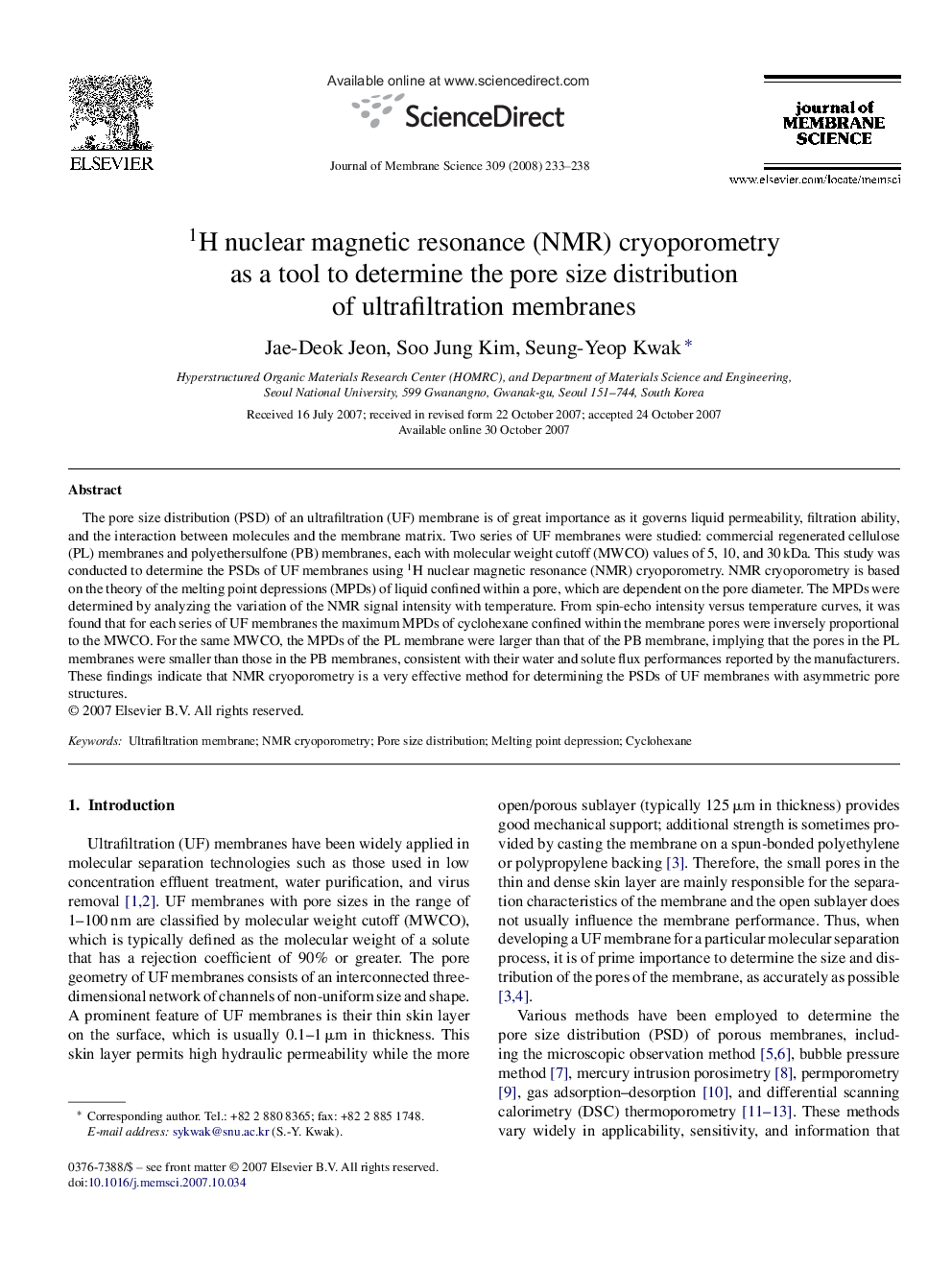 1H nuclear magnetic resonance (NMR) cryoporometry as a tool to determine the pore size distribution of ultrafiltration membranes