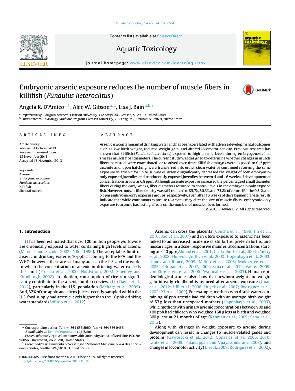 Embryonic arsenic exposure reduces the number of muscle fibers in killifish (Fundulus heteroclitus)