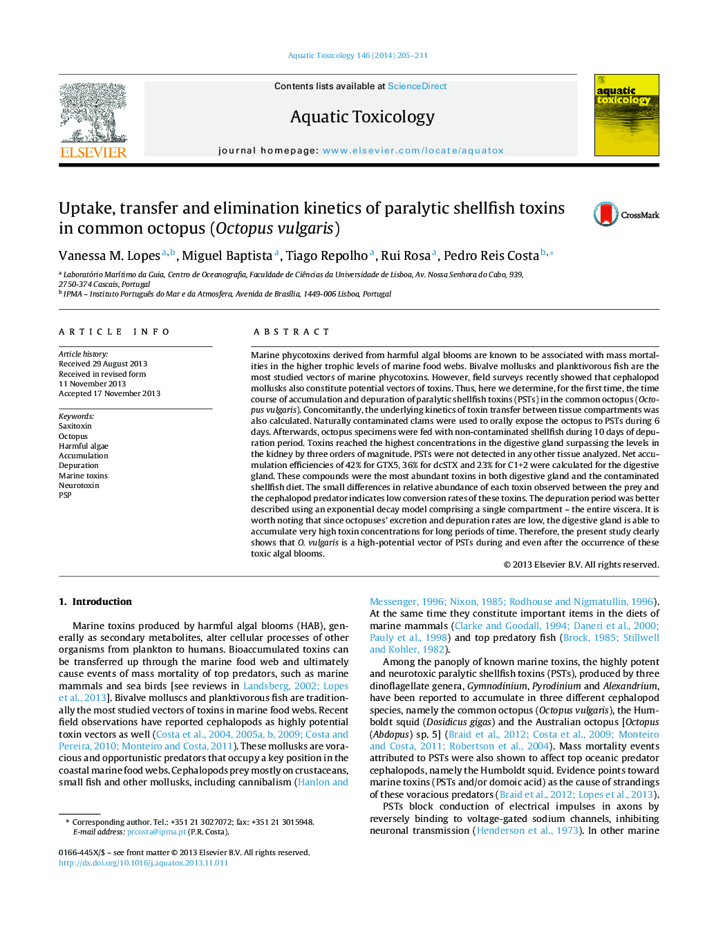 Uptake, transfer and elimination kinetics of paralytic shellfish toxins in common octopus (Octopus vulgaris)