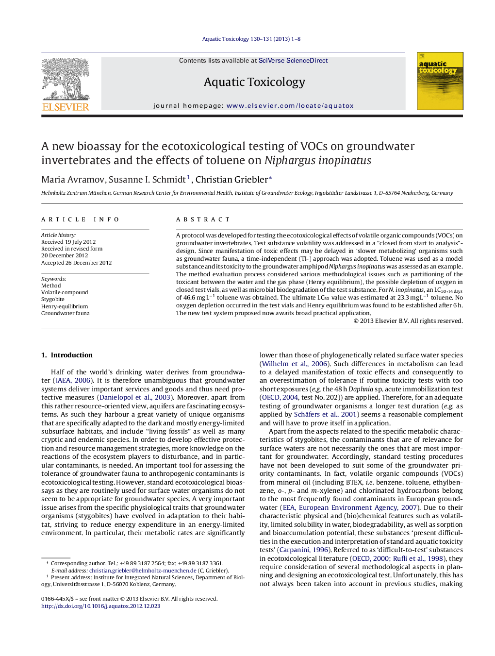 A new bioassay for the ecotoxicological testing of VOCs on groundwater invertebrates and the effects of toluene on Niphargus inopinatus