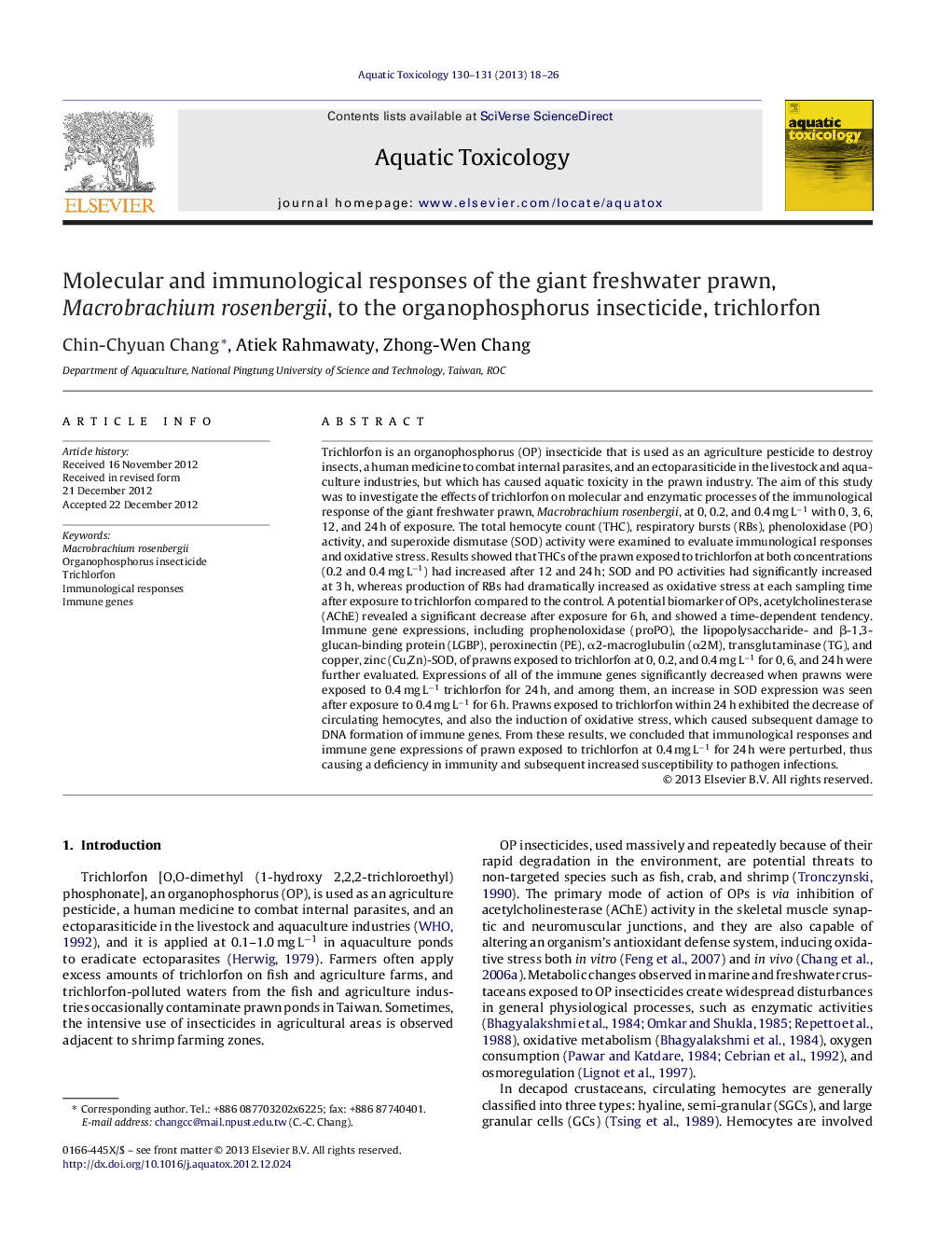 عکس صفحه اول مقاله: Molecular and immunological responses of the giant freshwater prawn, Macrobrachium rosenbergii, to the organophosphorus insecticide, trichlorfon Molecular and immunological responses of the giant freshwater prawn, Macrobrachium rosenbergii, to the organophosphorus insecticide, trichlorfon