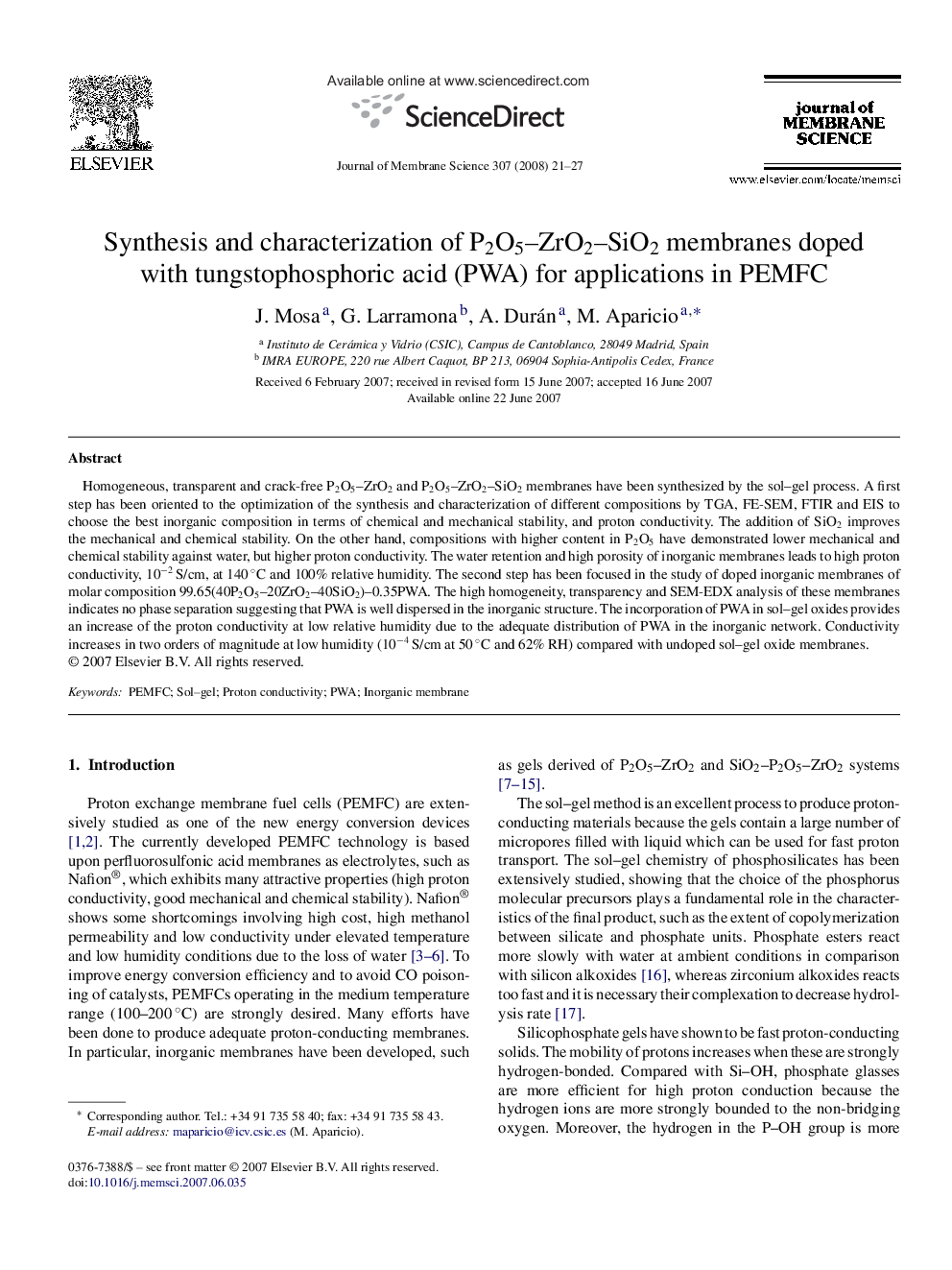 Synthesis and characterization of P2O5–ZrO2–SiO2 membranes doped with tungstophosphoric acid (PWA) for applications in PEMFC