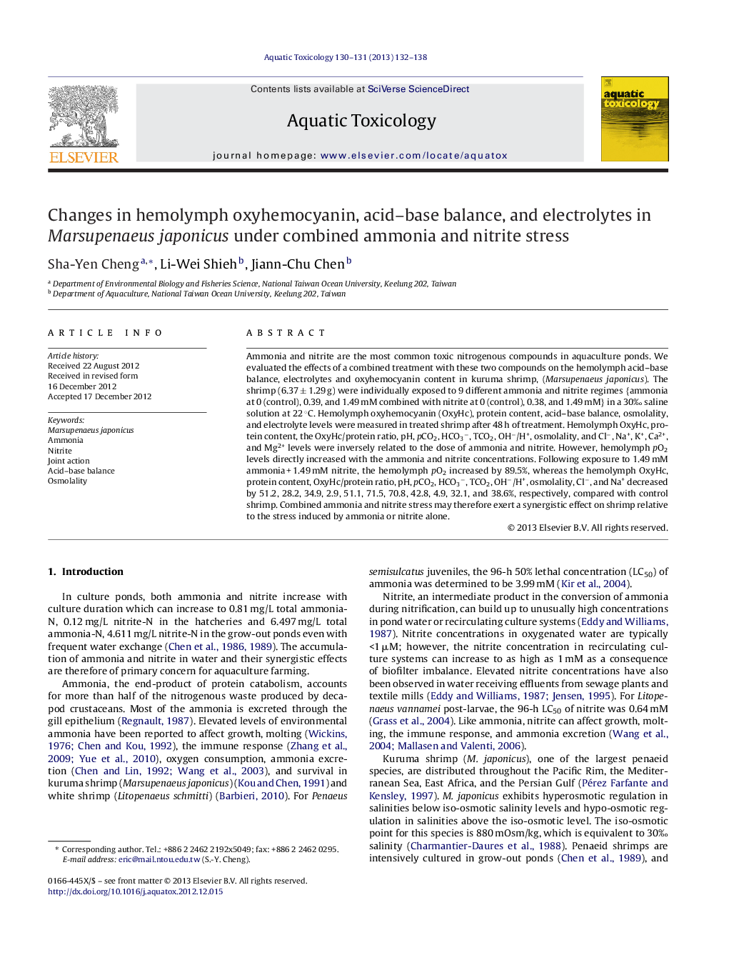 Changes in hemolymph oxyhemocyanin, acid-base balance, and electrolytes in Marsupenaeus japonicus under combined ammonia and nitrite stress