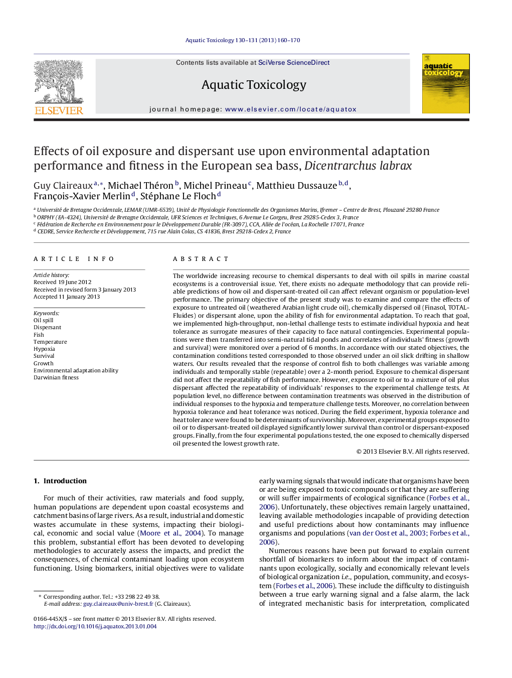 Effects of oil exposure and dispersant use upon environmental adaptation performance and fitness in the European sea bass, Dicentrarchus labrax