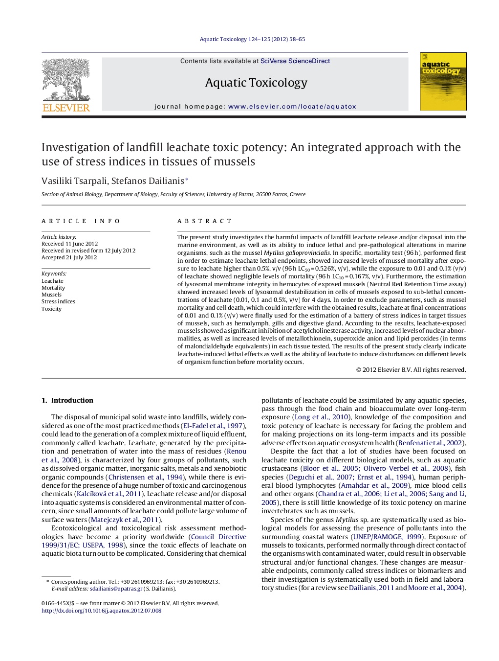 Investigation of landfill leachate toxic potency: An integrated approach with the use of stress indices in tissues of mussels