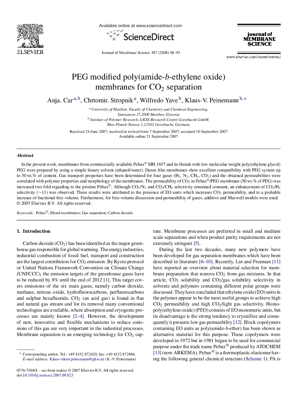 PEG modified poly(amide-b-ethylene oxide) membranes for CO2 separation