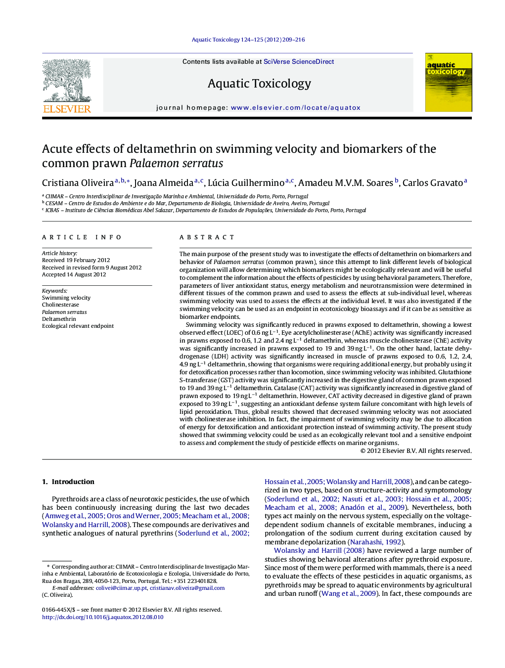 Acute effects of deltamethrin on swimming velocity and biomarkers of the common prawn Palaemon serratus