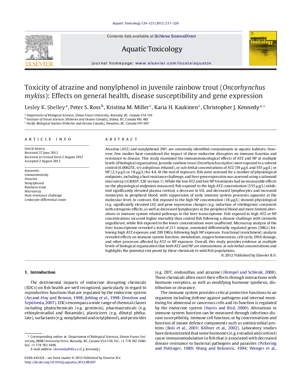 Toxicity of atrazine and nonylphenol in juvenile rainbow trout (Oncorhynchus mykiss): Effects on general health, disease susceptibility and gene expression