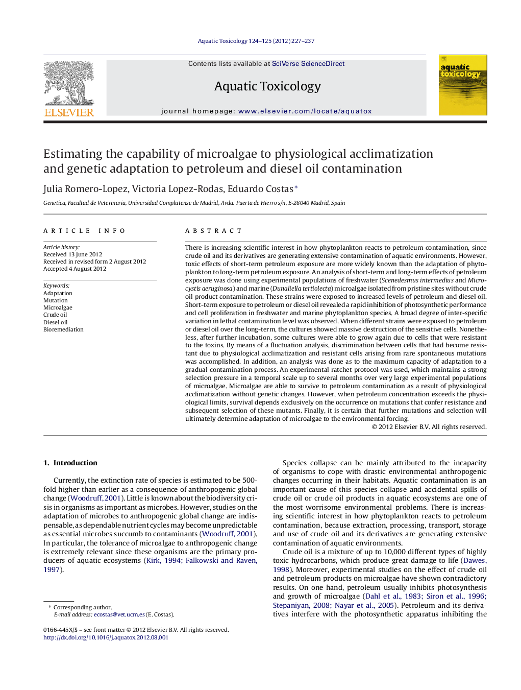 Estimating the capability of microalgae to physiological acclimatization and genetic adaptation to petroleum and diesel oil contamination