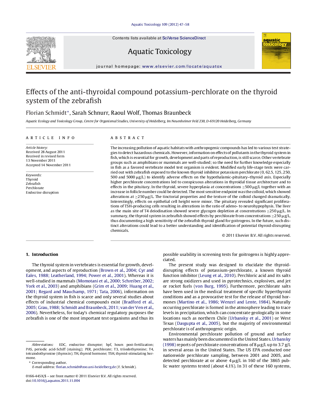 Effects of the anti-thyroidal compound potassium-perchlorate on the thyroid system of the zebrafish