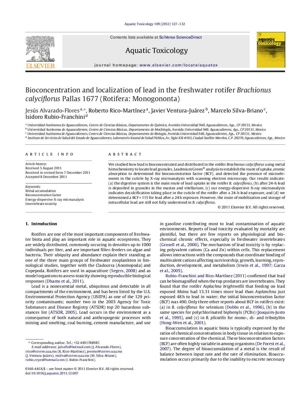 Bioconcentration and localization of lead in the freshwater rotifer Brachionus calyciflorus Pallas 1677 (Rotifera: Monogononta)