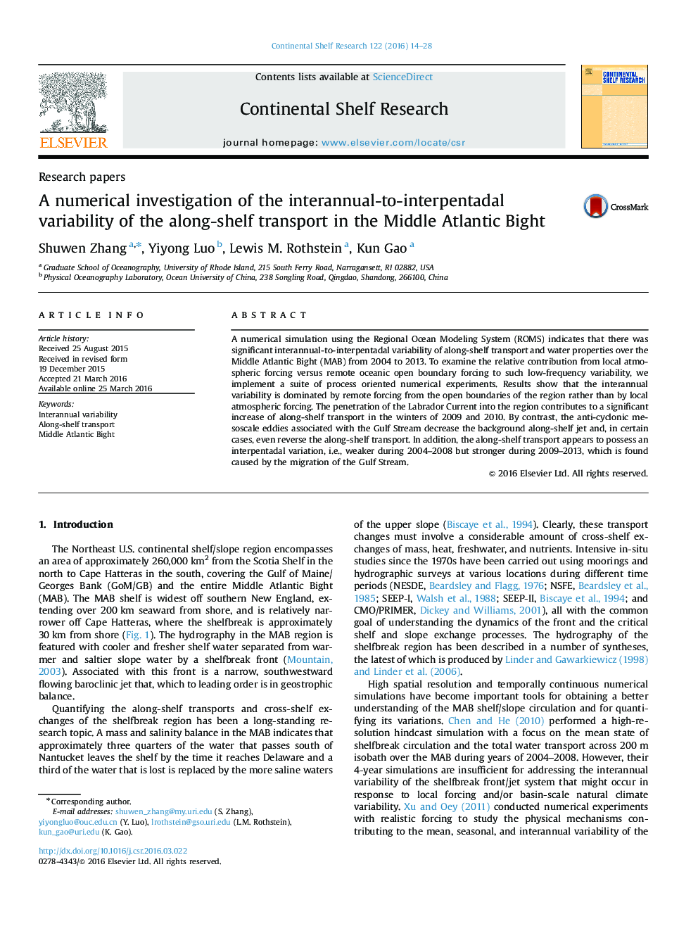 A numerical investigation of the interannual-to-interpentadal variability of the along-shelf transport in the Middle Atlantic Bight