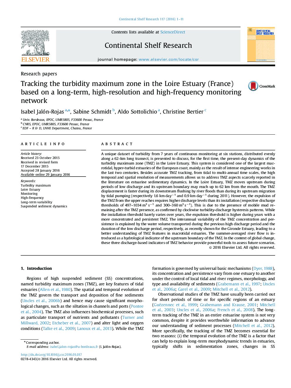 Research papersTracking the turbidity maximum zone in the Loire Estuary (France) based on a long-term, high-resolution and high-frequency monitoring network