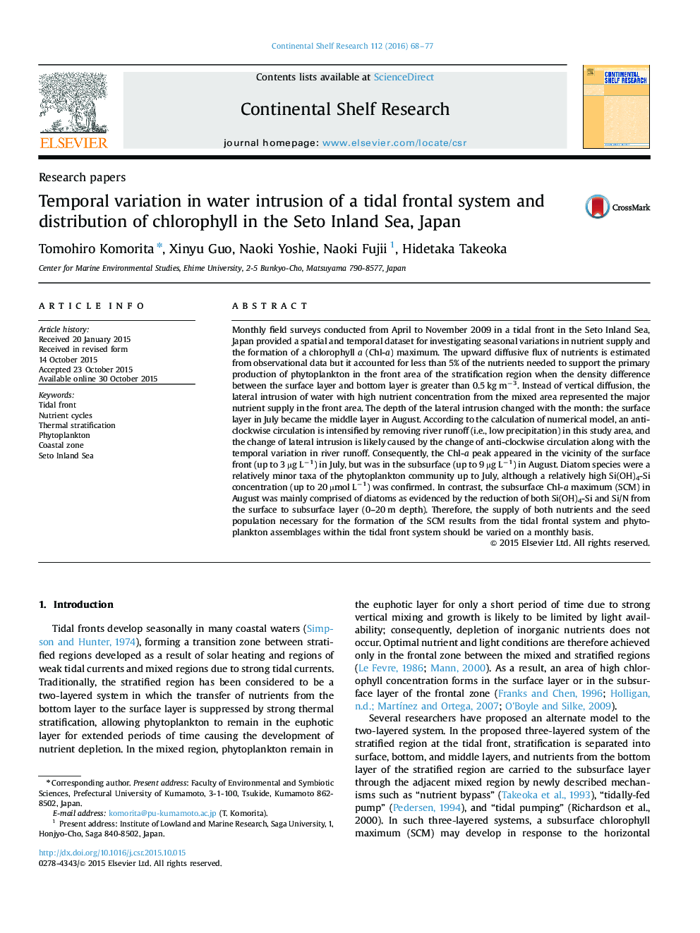 Temporal variation in water intrusion of a tidal frontal system and distribution of chlorophyll in the Seto Inland Sea, Japan