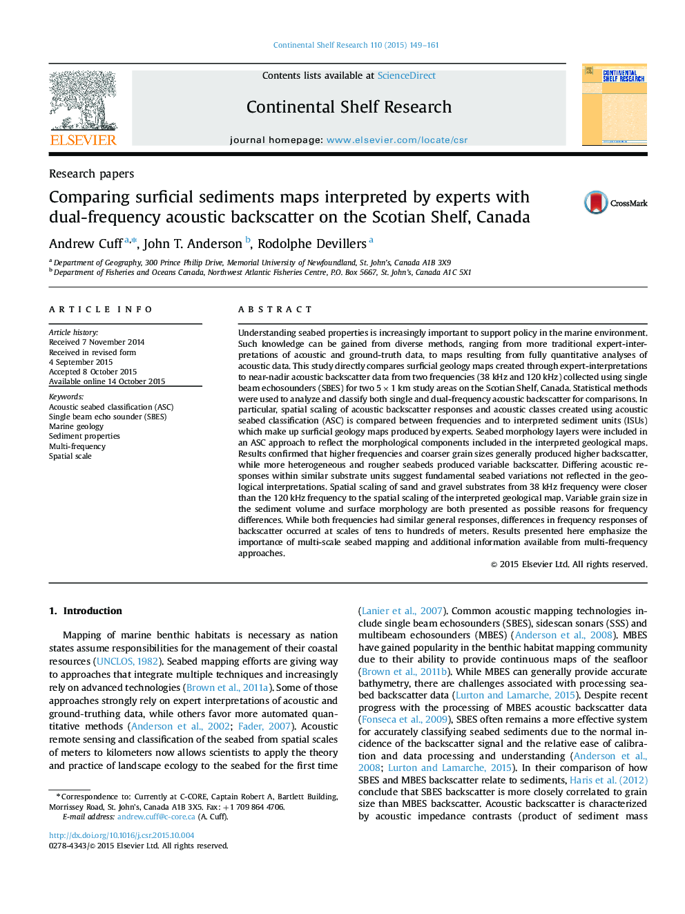 Research papersComparing surficial sediments maps interpreted by experts with dual-frequency acoustic backscatter on the Scotian Shelf, Canada