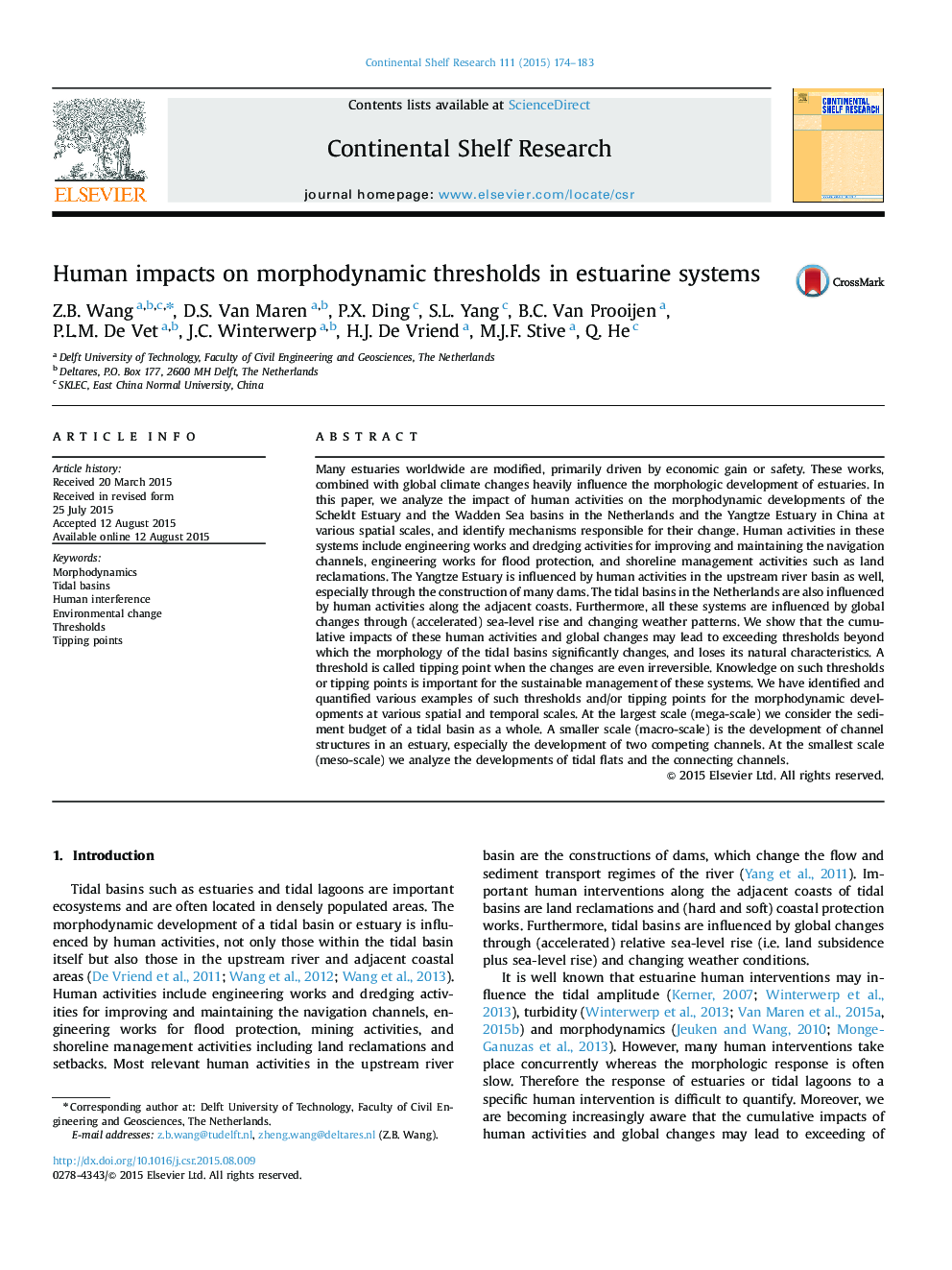 Human impacts on morphodynamic thresholds in estuarine systems