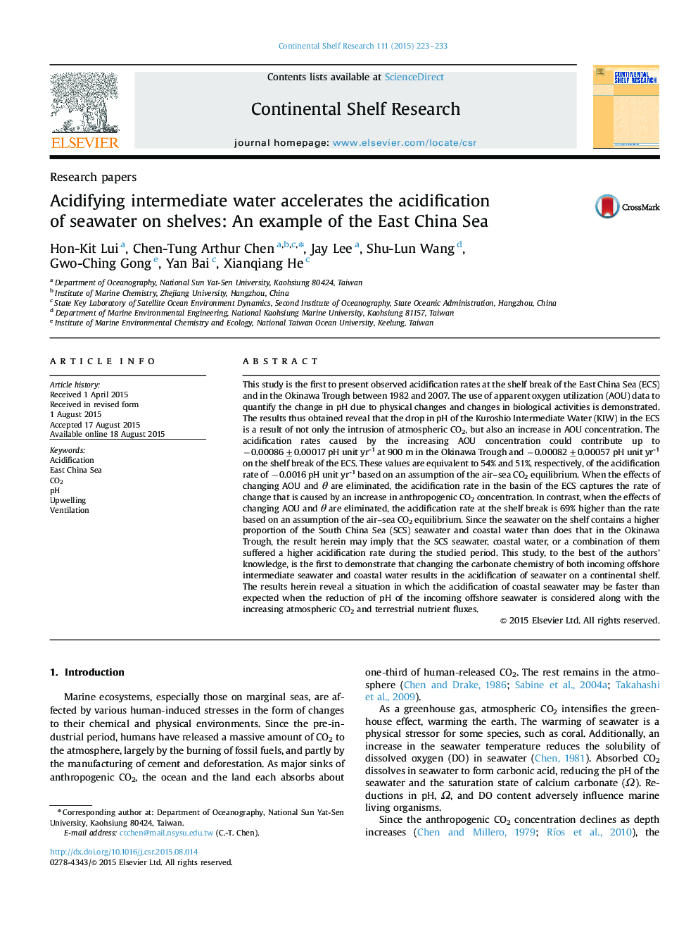 Acidifying intermediate water accelerates the acidification of seawater on shelves: An example of the East China Sea