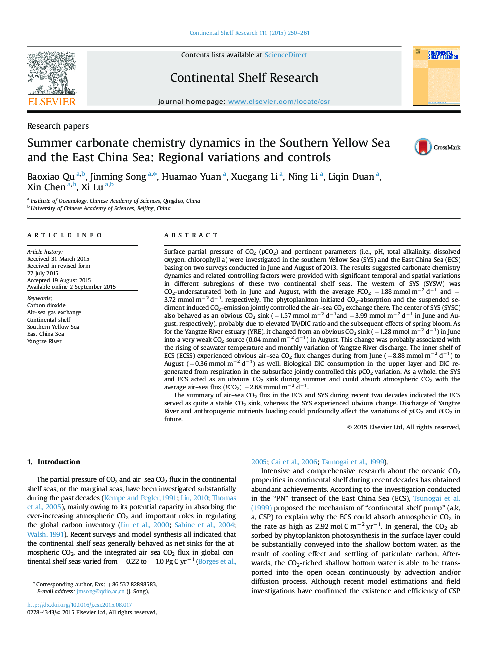 Summer carbonate chemistry dynamics in the Southern Yellow Sea and the East China Sea: Regional variations and controls