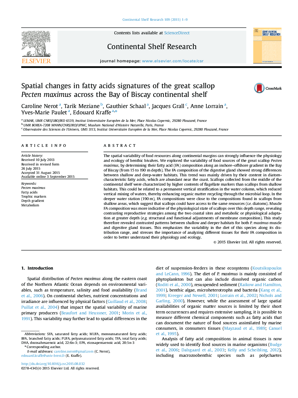 Spatial changes in fatty acids signatures of the great scallop Pecten maximus across the Bay of Biscay continental shelf