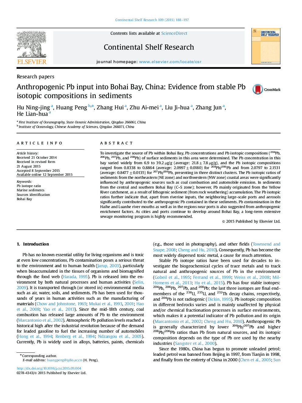 Anthropogenic Pb input into Bohai Bay, China: Evidence from stable Pb isotopic compositions in sediments