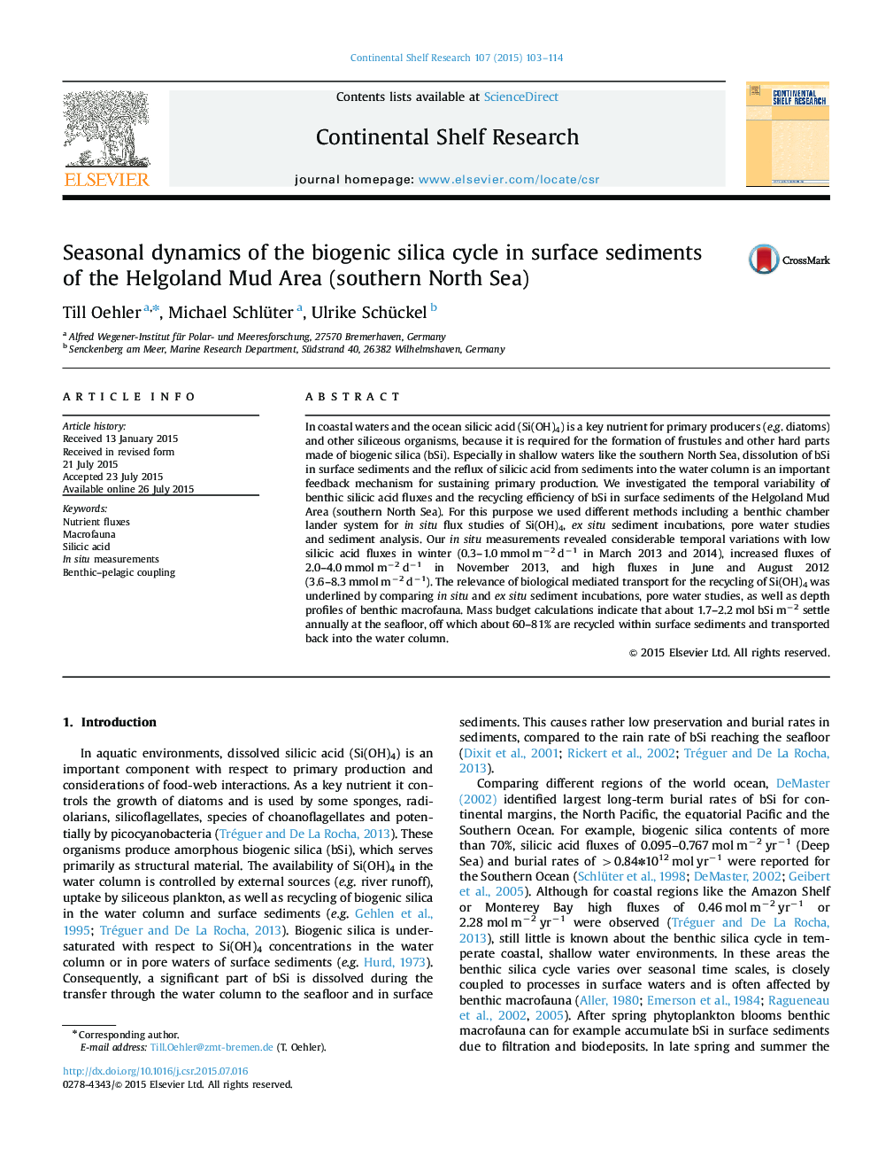 Seasonal dynamics of the biogenic silica cycle in surface sediments of the Helgoland Mud Area (southern North Sea)