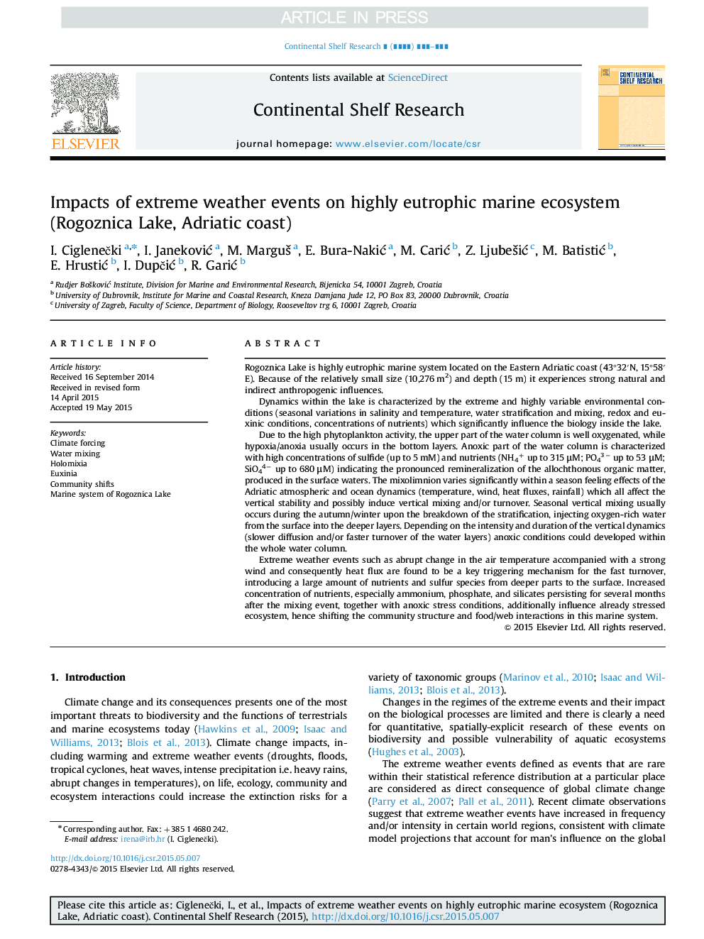 Impacts of extreme weather events on highly eutrophic marine ecosystem (Rogoznica Lake, Adriatic coast)