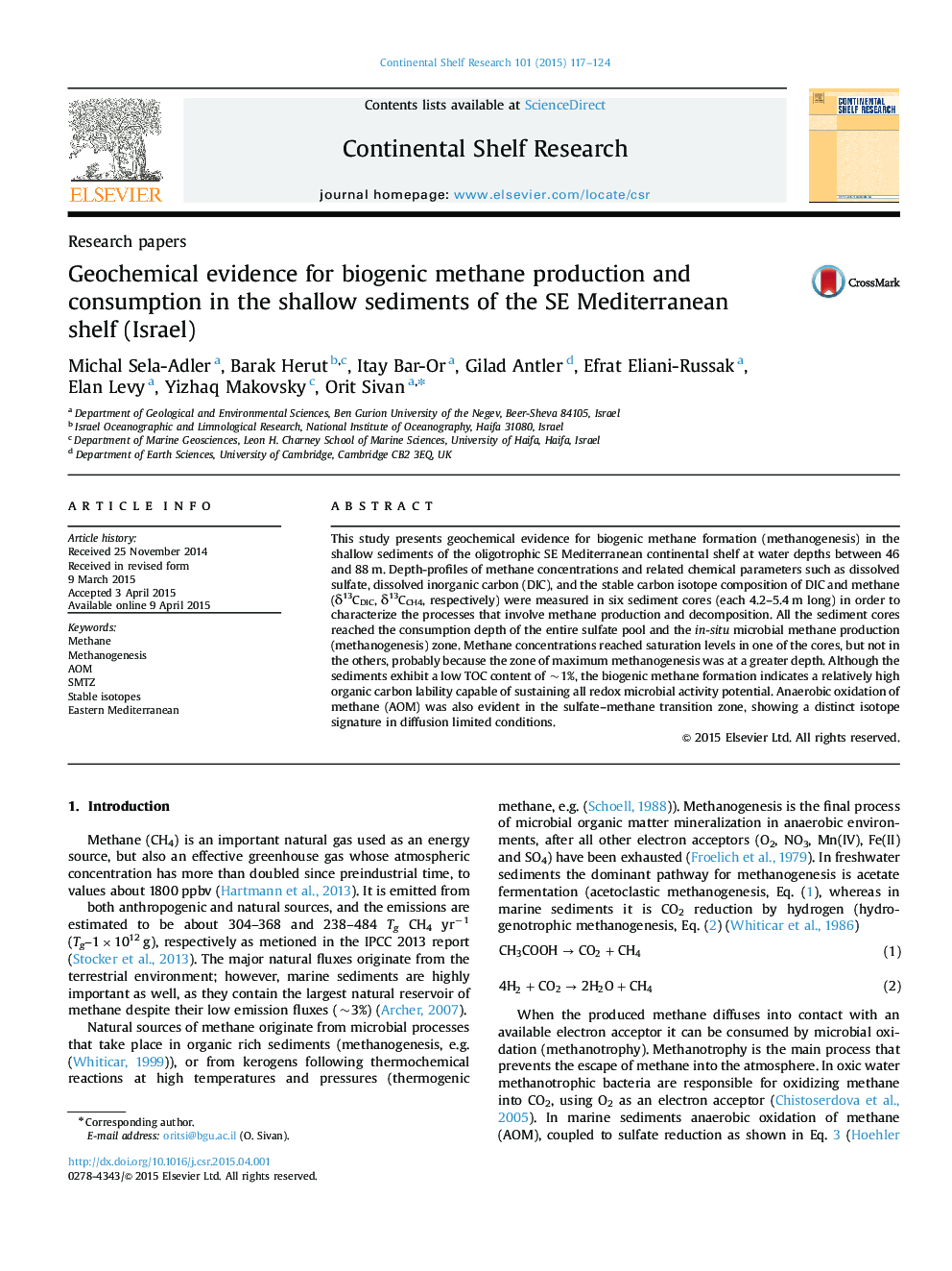 Geochemical evidence for biogenic methane production and consumption in the shallow sediments of the SE Mediterranean shelf (Israel)