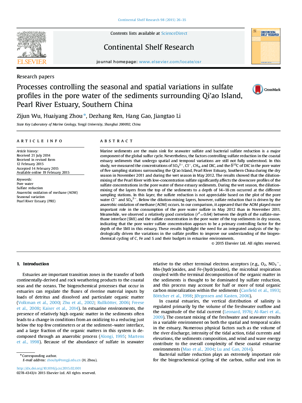 Research papersProcesses controlling the seasonal and spatial variations in sulfate profiles in the pore water of the sediments surrounding Qi'ao Island, Pearl River Estuary, Southern China