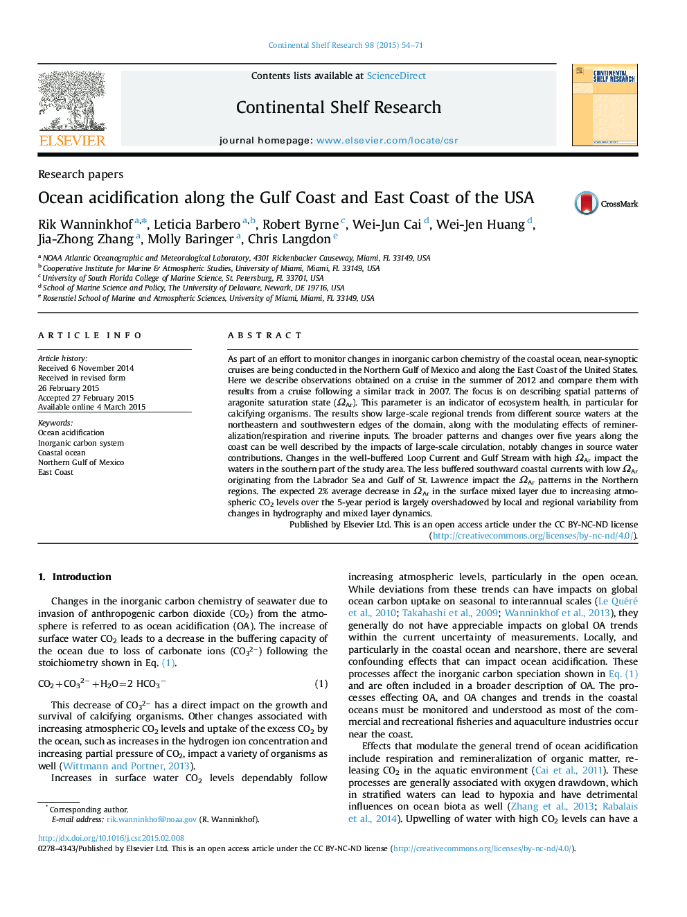 Ocean acidification along the Gulf Coast and East Coast of the USA