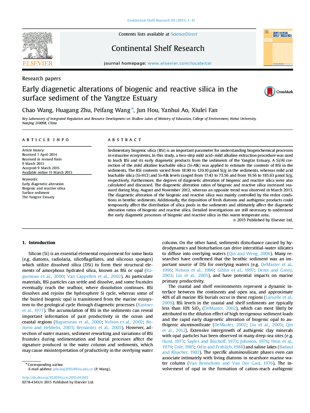 Early diagenetic alterations of biogenic and reactive silica in the surface sediment of the Yangtze Estuary