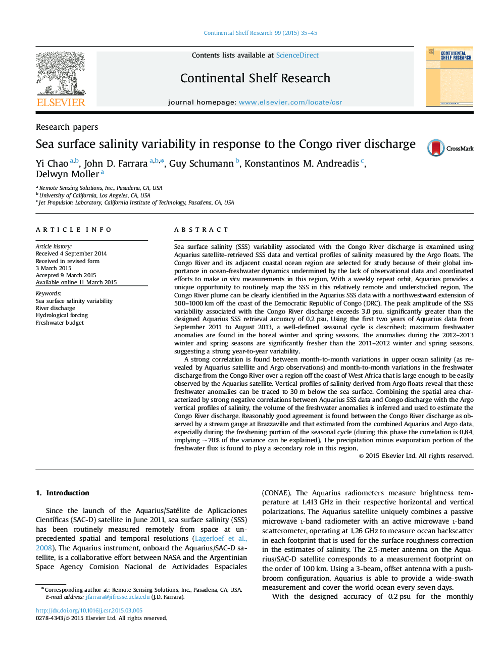 Sea surface salinity variability in response to the Congo river discharge