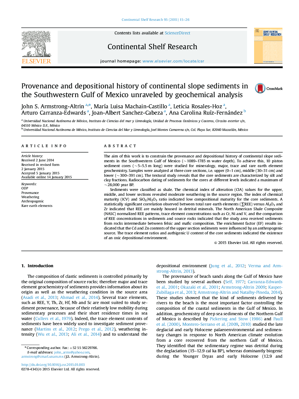 Provenance and depositional history of continental slope sediments in the Southwestern Gulf of Mexico unraveled by geochemical analysis