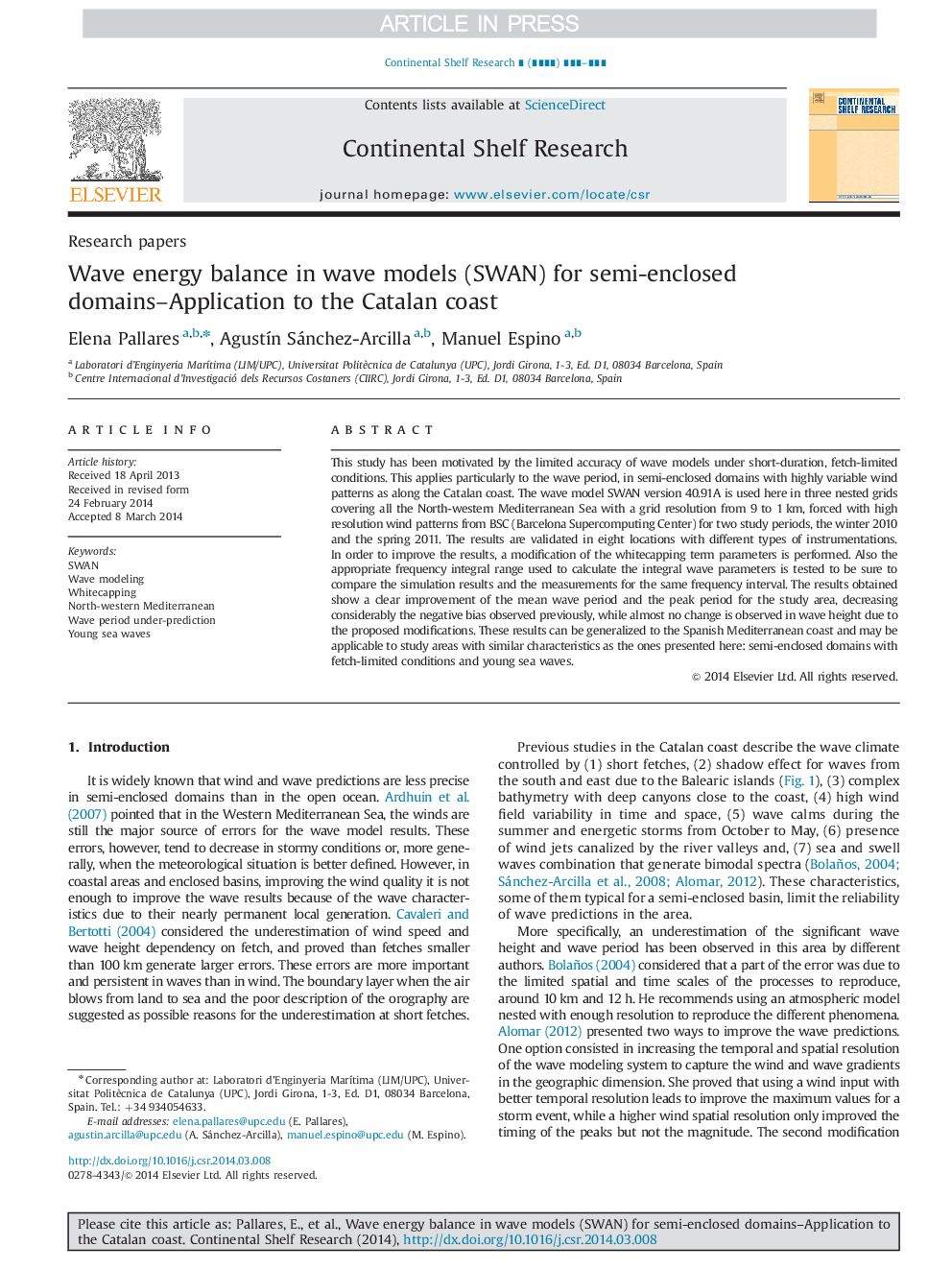 Wave energy balance in wave models (SWAN) for semi-enclosed domains-Application to the Catalan coast