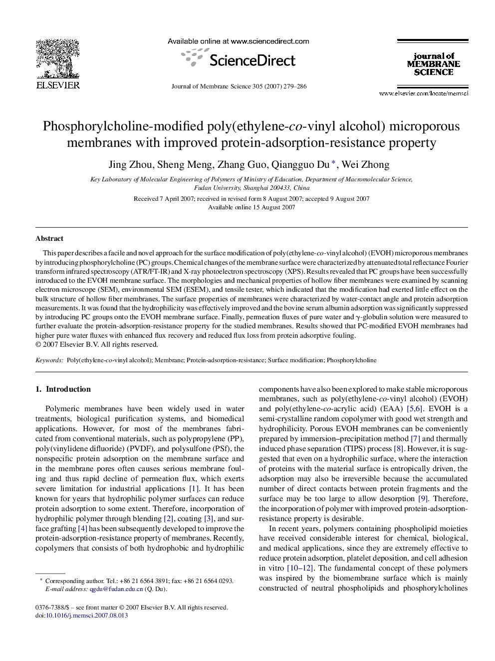 Phosphorylcholine-modified poly(ethylene-co-vinyl alcohol) microporous membranes with improved protein-adsorption-resistance property