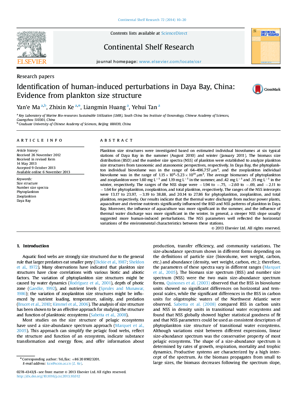 Identification of human-induced perturbations in Daya Bay, China: Evidence from plankton size structure