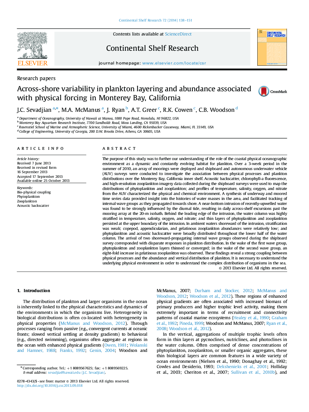 Across-shore variability in plankton layering and abundance associated with physical forcing in Monterey Bay, California