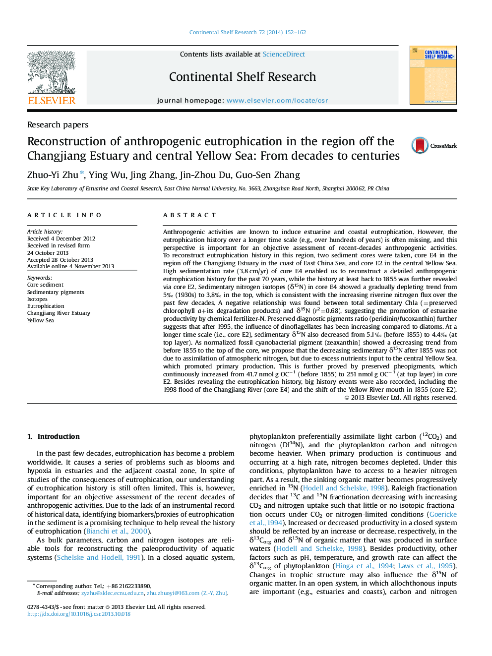 Reconstruction of anthropogenic eutrophication in the region off the Changjiang Estuary and central Yellow Sea: From decades to centuries