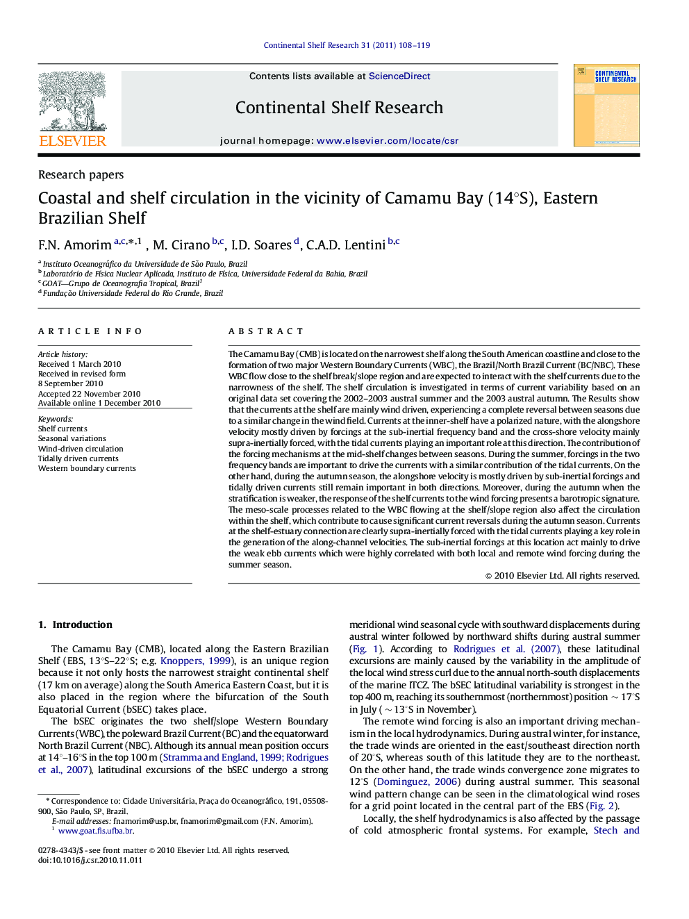 Coastal and shelf circulation in the vicinity of Camamu Bay (14Â°S), Eastern Brazilian Shelf