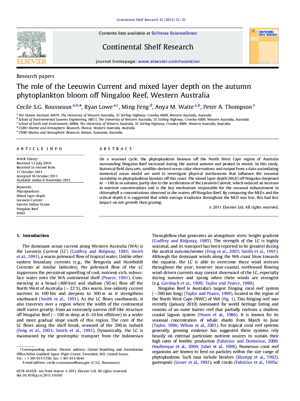 The role of the Leeuwin Current and mixed layer depth on the autumn phytoplankton bloom off Ningaloo Reef, Western Australia