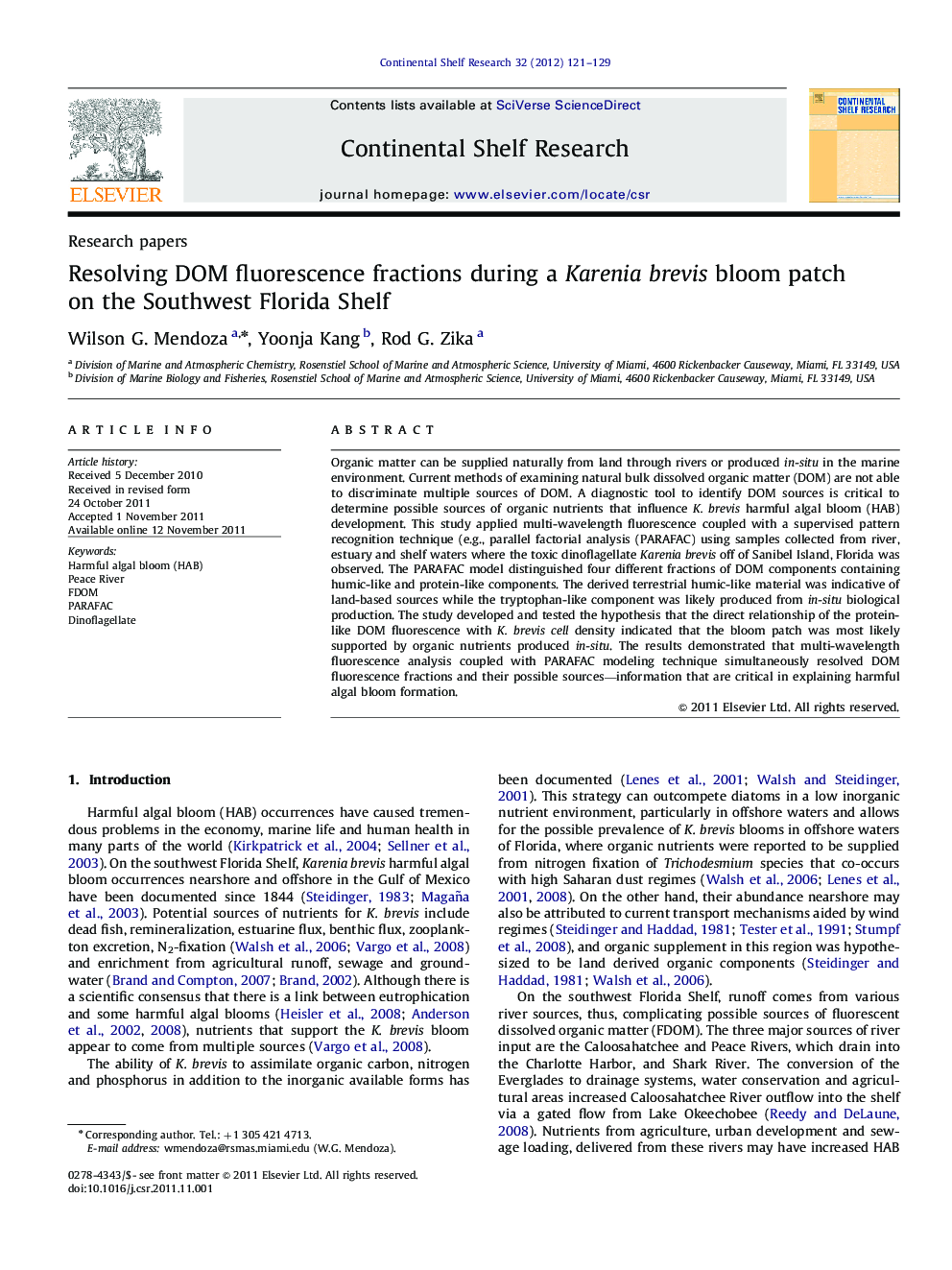 Resolving DOM fluorescence fractions during a Karenia brevis bloom patch on the Southwest Florida Shelf