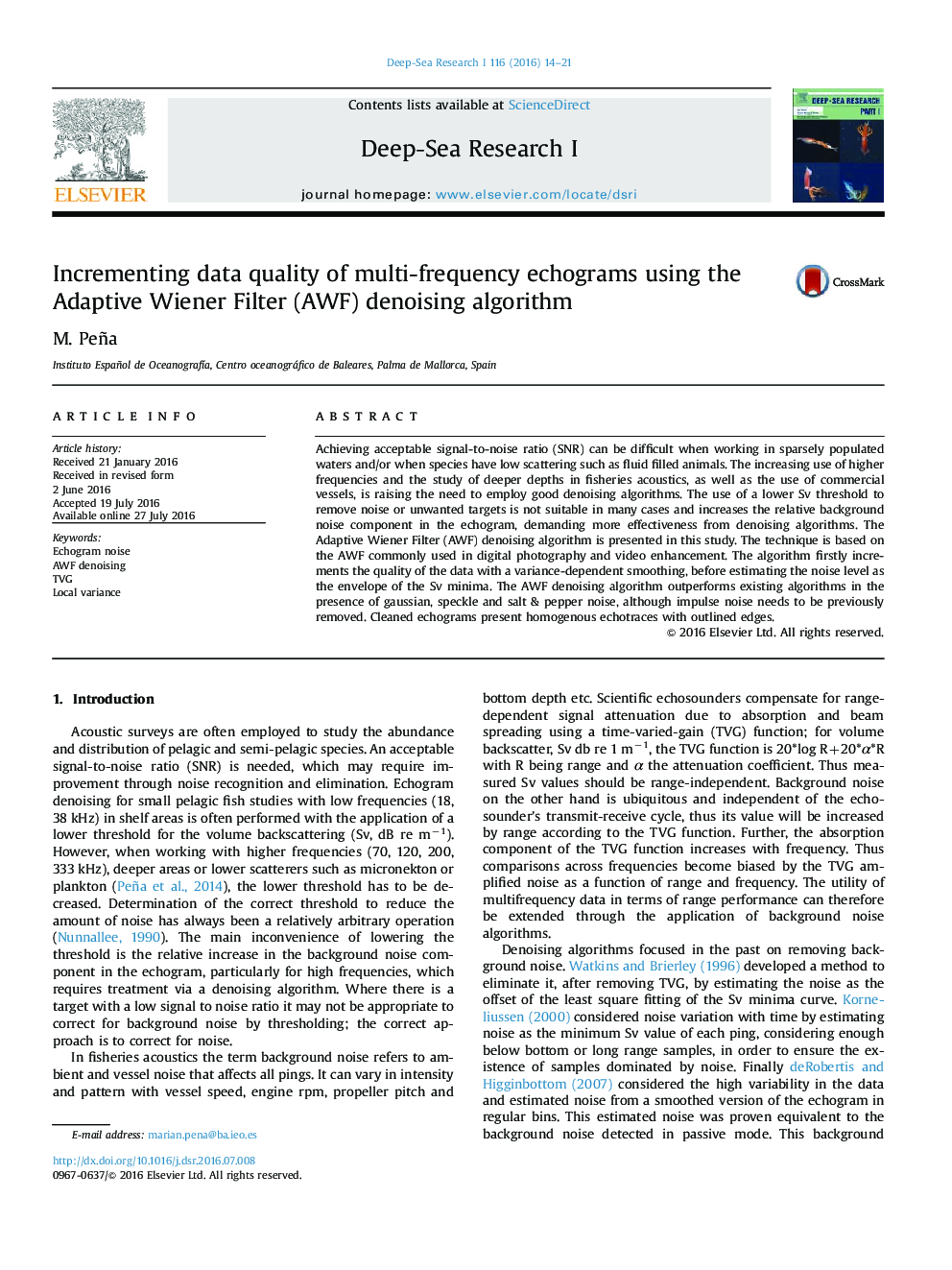 Incrementing data quality of multi-frequency echograms using the Adaptive Wiener Filter (AWF) denoising algorithm