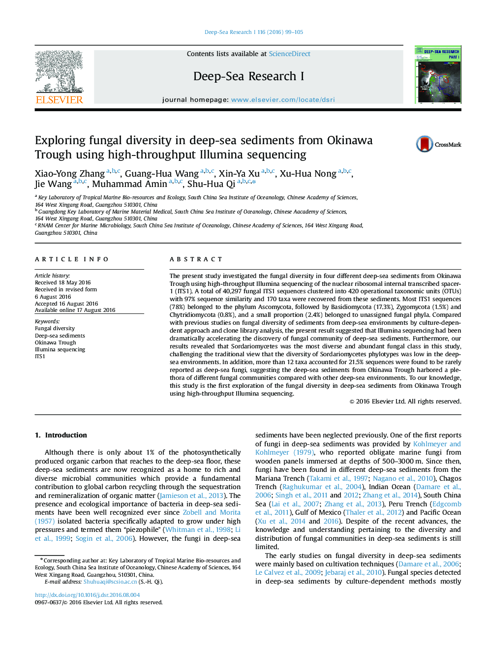 Exploring fungal diversity in deep-sea sediments from Okinawa Trough using high-throughput Illumina sequencing